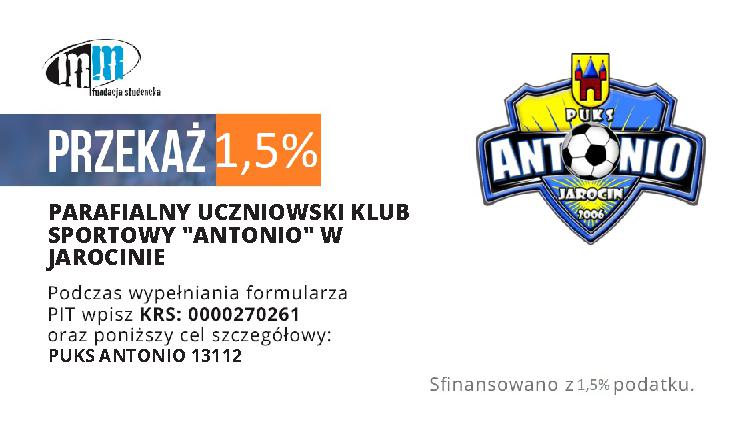 Ulotka: przekaż 1,5% podatku na PUKS Antonio Jarocin